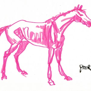 Horse art original &quot;Vulnerability&quot; unframed horse pen marker sketch art drawing 8x10 pink white galloping equine equestrian Dreamscaping