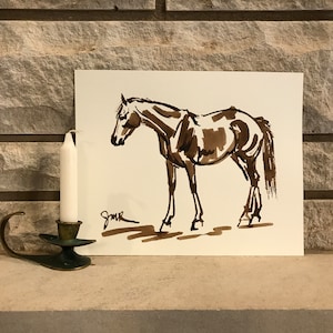 Horse art original “Tentative” horse drawing horse ink sketch horse painting brown cream white equine art equestrian style 8x10 resting