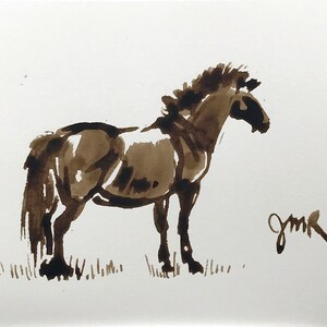 Horse art original “Pasture Moments 4” pony drawing horse ink sketch pony horse painting brown cream white equine art equestrian style 5x7