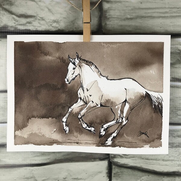 Horse art original horse ink painting "Canter" sepia pen & ink sketch horse drawing equestrian art contemporary art horse lover gift white