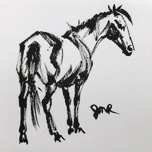 Horse art original &quot;Knot&quot; horse ink sketch art drawing black white small equine art equestrian horse lover gift mare quarter horse pony