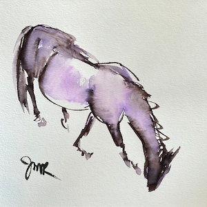 Horse art original &quot;From Above&quot; unframed watercolor pen marker sketch purple brown drawing 7x7.5 Thoroughbred equine equestrian Dreamscaping