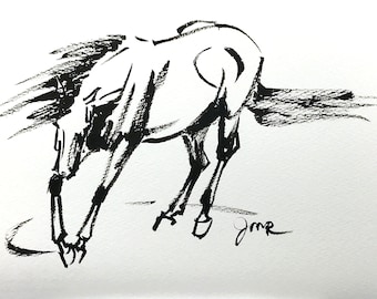 Original horse art "Spin" inktober horse sketch ink painting Western equine art reining horse quarter horse unframed square black white gift
