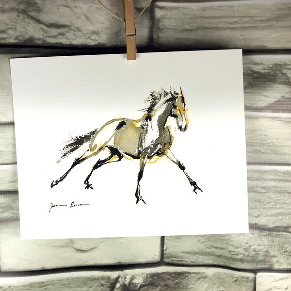 Original horse painting original drawing, ink sketch, watercolor painting, gold black yellow white, 8x10, equine art, equestrian art