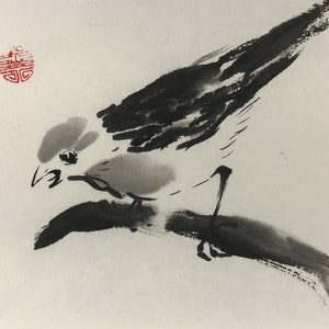 original bird art “Songbird&quot; UNFRAMED Chinese bird painting Chinese brush painting ink sketch Asian Art  画 black white red small 5x7