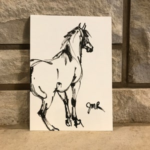 Horse art original &quot;Alert&quot; running horse drawing horse pen & ink sketch art black white equine art equestrian horse lover play gallop