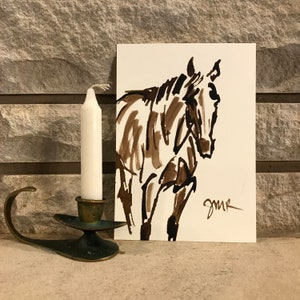 Horse art original “Greeting” horse drawing horse ink sketch horse painting brown cream white equine art equestrian style 5x7 thoroughbred