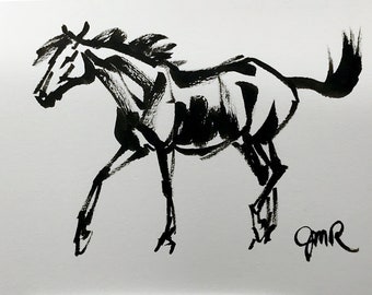 Horse art original "Motion 1" horse pen ink sketch art drawing black white 5x7 equine art equestrian horse lover gift animal stallion trot