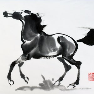 Chinese horse art &quot;Spirited&quot; original horse art unframed Chinese brush painting ink sketch Asian Art 马画 black white red 12x16 Dreamscaping