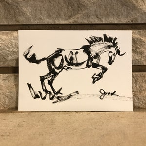 Horse art original &quot;Exuberance&quot; running horse drawing horse pen & ink sketch art black white equine art equestrian horse lover play gallop
