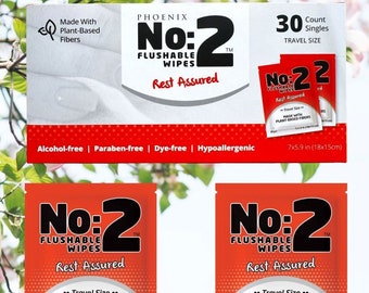 Number 2 Flushable Wipes Travel Friendly, Individually Wrapped, Plant Based Fibers, Biodegradable Unscented Wet Wipes, 30 ct