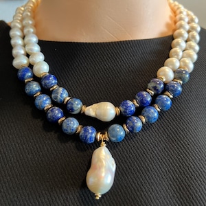 Lapis Lazuli & Baroque Pearl Necklace: Multi-Strand Gemstone Statement Jewelry with free earrings