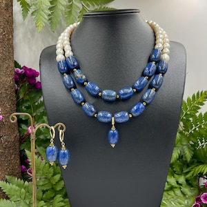 Multistrand lapis lazuli and Freshwater Pearl  Necklace,Multistrand Statement Gemstone  Necklace,Elegant Necklace,free matching necklace