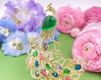 Swarovski Crystal Huge Rainbow Glamorous Peacock Brooch, Peafowl