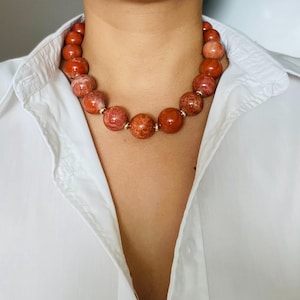 Beaded Gemstone Coral necklace,big bold statement necklace,Orange chunky bohem necklace,beaded jewelry, gift for women,nature stone necklace