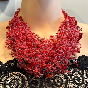 Gemstone Coral necklace, statement necklace,Red chunky necklace,beaded multistrand jewelry,gift for women,airy necklce,handmade jewellery