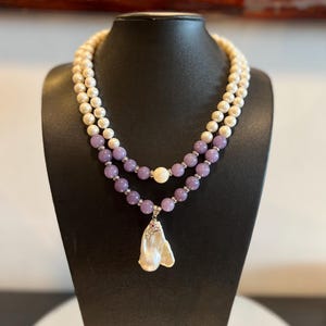 Multistrand purple stone and Freshwater Pearl Necklace,Statement Gemstone  Necklace,Elegant Necklace,gift for her, free matching earring