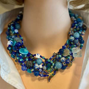 Gemstone Lapis lazuli necklace, big bold necklace, Blue chunky necklace,multistrand jewelry, gift for women,fashion statement necklace