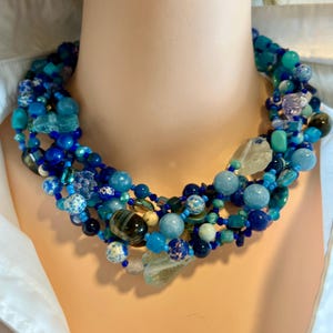 Gemstone Lapis lazuli necklace, big bold necklace, Blue chunky necklace,multistrand jewelry, gift for women,fashion statement necklace