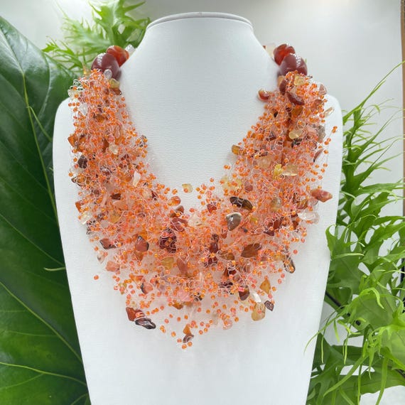 Beaded Gemstone Agate Necklace, Big Bold Statement Necklace,orange