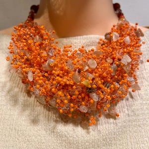 Orange Agate Beaded Necklace: Multistrand Gemstone Statement Jewelry,airy crotchet necklace, free earrings