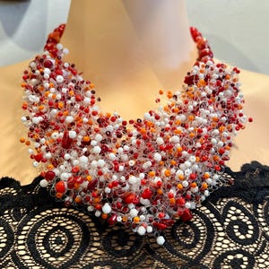 Red coral necklace, statement necklace, red chunky necklace,multistrand jewelry,gift for women,airy necklace, free matching earring