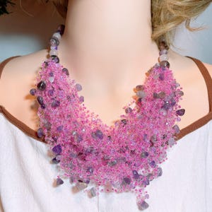 Amethyst Statement Necklace: Pink Beaded Multistrand Jewelry,airy crotchet necklace, free earrings