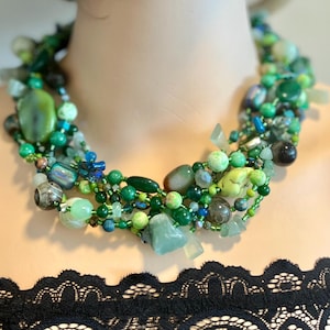 Chunky Jade Agate Statement Necklace: Multistrand Gemstone Jewelry with free earrings