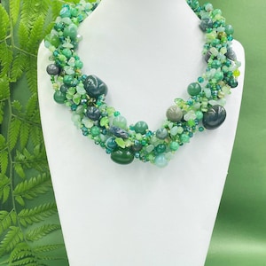 Beaded Jade Gemstone Necklace: Green Chunky Multistrand Statement Jewelry with free earrings