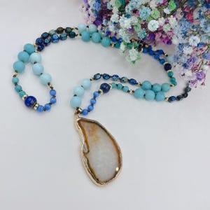L3 Boho Long Necklace,Beaded Necklaces,Pendant Necklace,Stone Necklaces for Women,Aquamarine  Necklace,Healing Crystal Necklace,gift for her