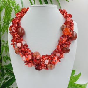 Beaded Gemstone Coral necklace,big bold statement necklace,Red chunky necklace,multistrand jewelry,gift for women, trendy agate necklace