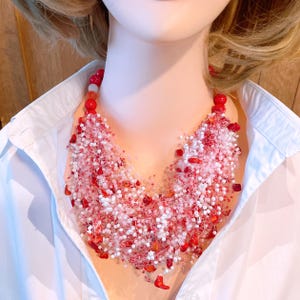 Beaded Gemstone red coral necklace, big bold statement necklace, red chunky necklace,beaded multistrand jewelry,gift for women,airy necklace