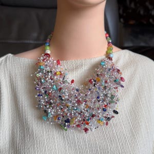 Chunky Gemstone Statement Necklace: Multistrand Beaded Jewelry,airy crotchet necklace, free earrings