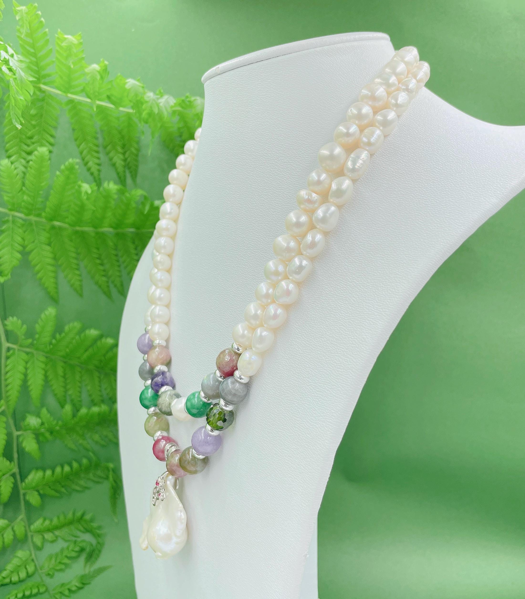 Pearl and Stone Necklace, Handmade Gemstone Jewelry for