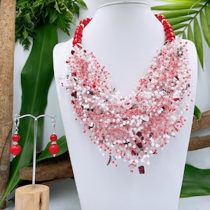 Coral Gemstone necklace, big bold statement necklace, red chunky necklace,multistrand jewelry,gift for women,airy crotchet necklace