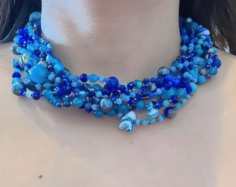 Beaded Gem stone aquamarine necklace, big bold statement necklace, blue chunky bohem necklace,beaded multistrand jewelry, gift for women