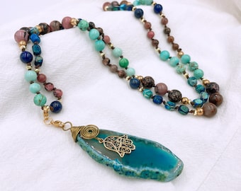 Turquoise Imperial Jasper Pendant Necklace: Boho Gemstone Necklace