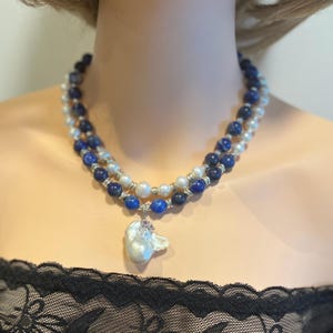 Multistrand lapis lazuli and Freshwater Pearl Necklace,Multistrand Statement Gemstone  Necklace,Elegant Necklace,free matching earring