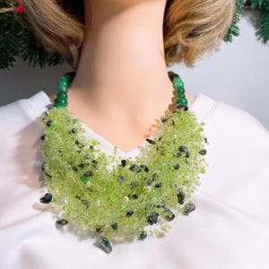 Beaded Agate Statement Necklace: Green Chunky Multistrand Jewelry,airy crotchet necklace, free earrings