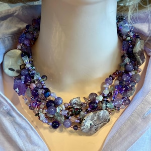 Amethyst Gemstone Statement Necklace: Chunky Boho Beaded Jewelry