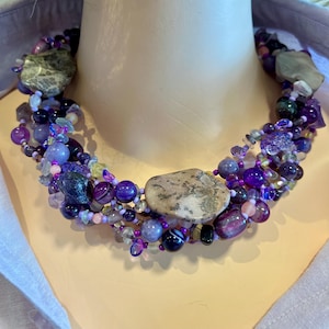 P2. Beaded Gemstone amethyst necklace, big bold statement necklace, purple  chunky bohem necklace,beaded multistrand jewelry, gift for women