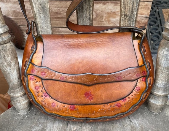Vintage 1970's Brown Leather Saddle Bag Hippie Bo… - image 1
