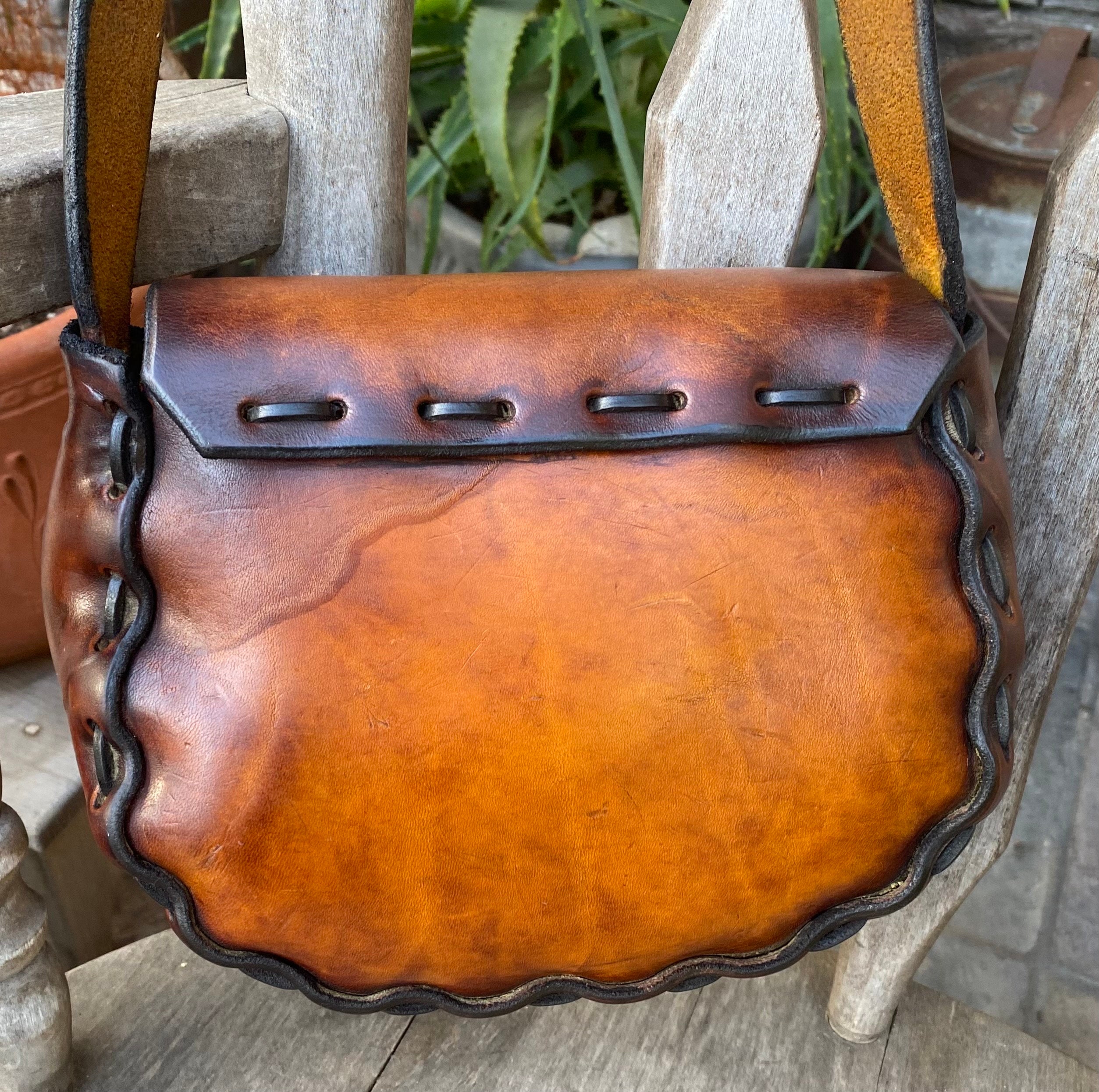 Vintage 70s Leather Hand Tooled Hippie Boho Festival Purse