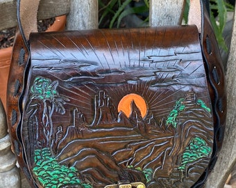 Retro style boho hippie festival mountain sunset tooled leather shoulder bag - used old vintage pattern