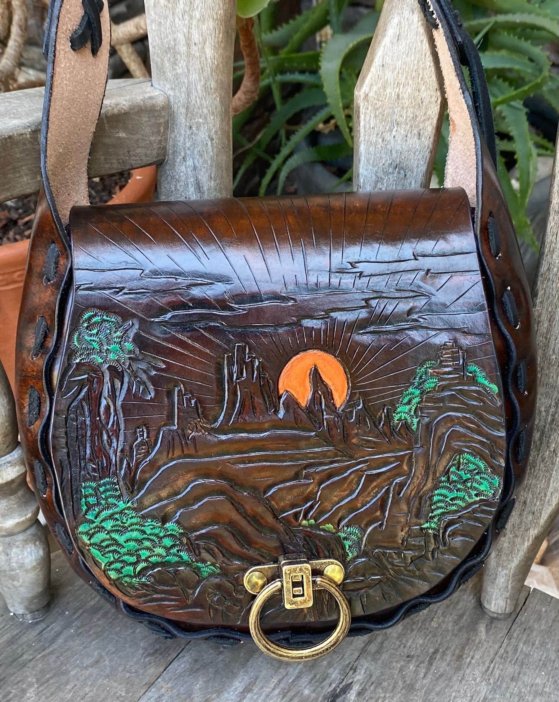 Retro style boho hippie festival mountain sunset tooled leather shoulder bag - used old vintage pattern