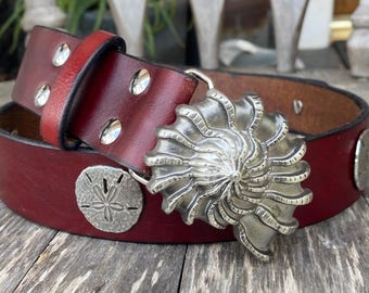 Beautiful reddish brown handmade leather belt with seashell trophy buckle and sand dollar conchos - please specify pant size