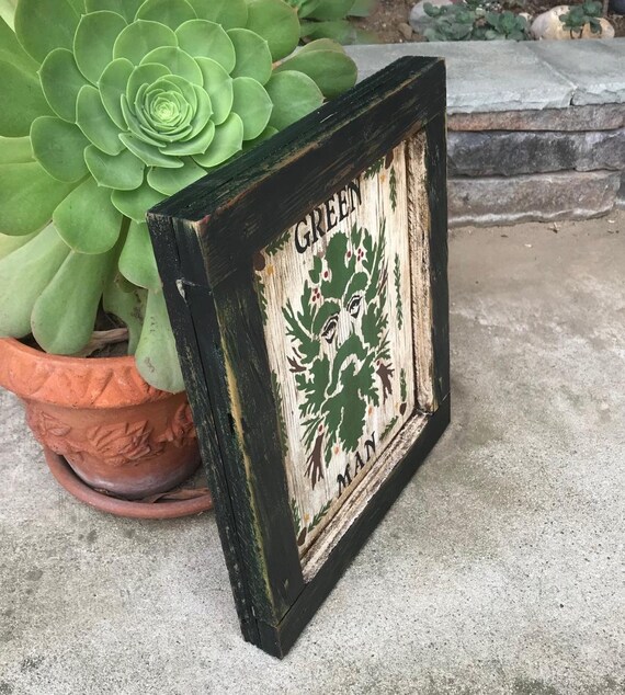 Hand Painted Framed Shadow Box Style Green Man - Distressed