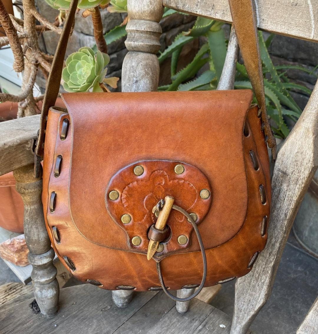 Vintage 70's Hand Tooled Painted Brown Leather Flower Shoulder Bag