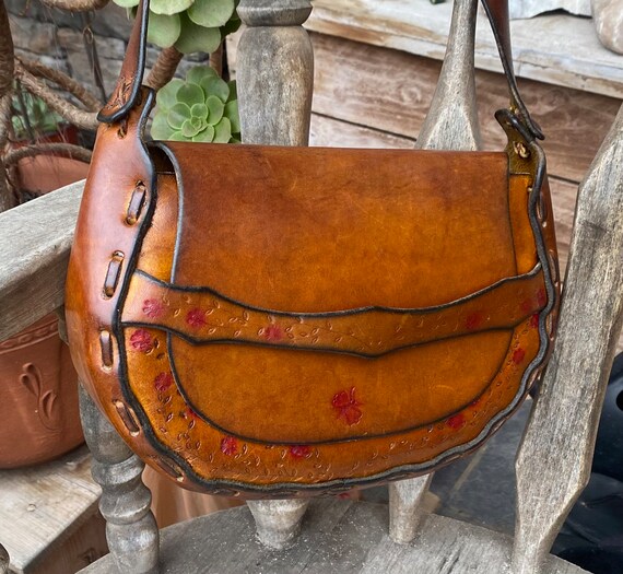 Vintage 1970's Brown Leather Saddle Bag Hippie Bo… - image 8