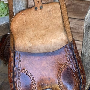 Vintage Tooled Leather Purse Hippie Boho Mayan Aztec Shoulder Bag Western Tan Braided 1970's image 5